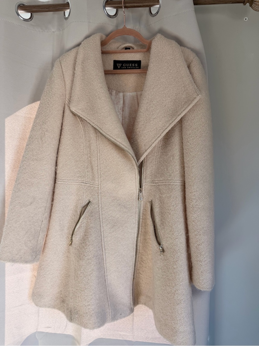 GUESS Cream Wool-Blend Funnel Collar Zip Coat